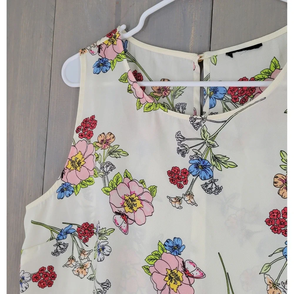 Talbots Floral Sleeveless Blouse‎ Womens Large Cream Tie Front Keyhole Back